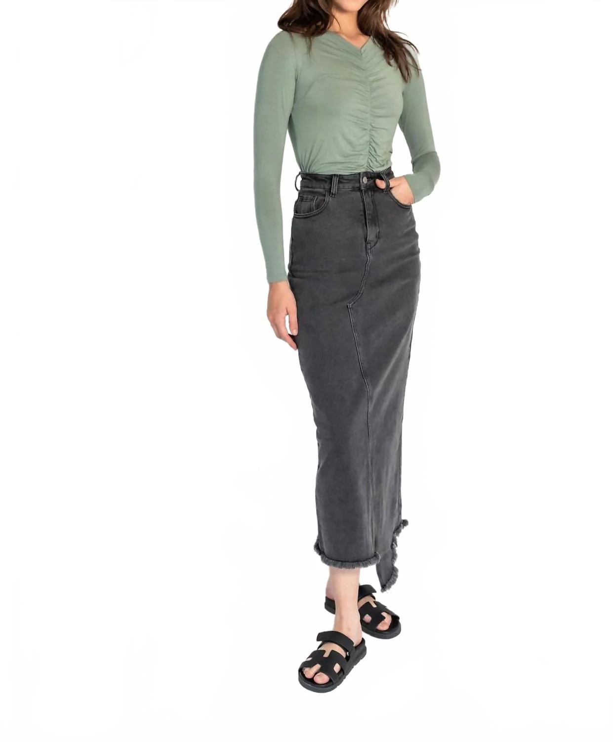 Frayed Hem Asymmetrical Stretch Denim Maxi Skirt In Grey Wash