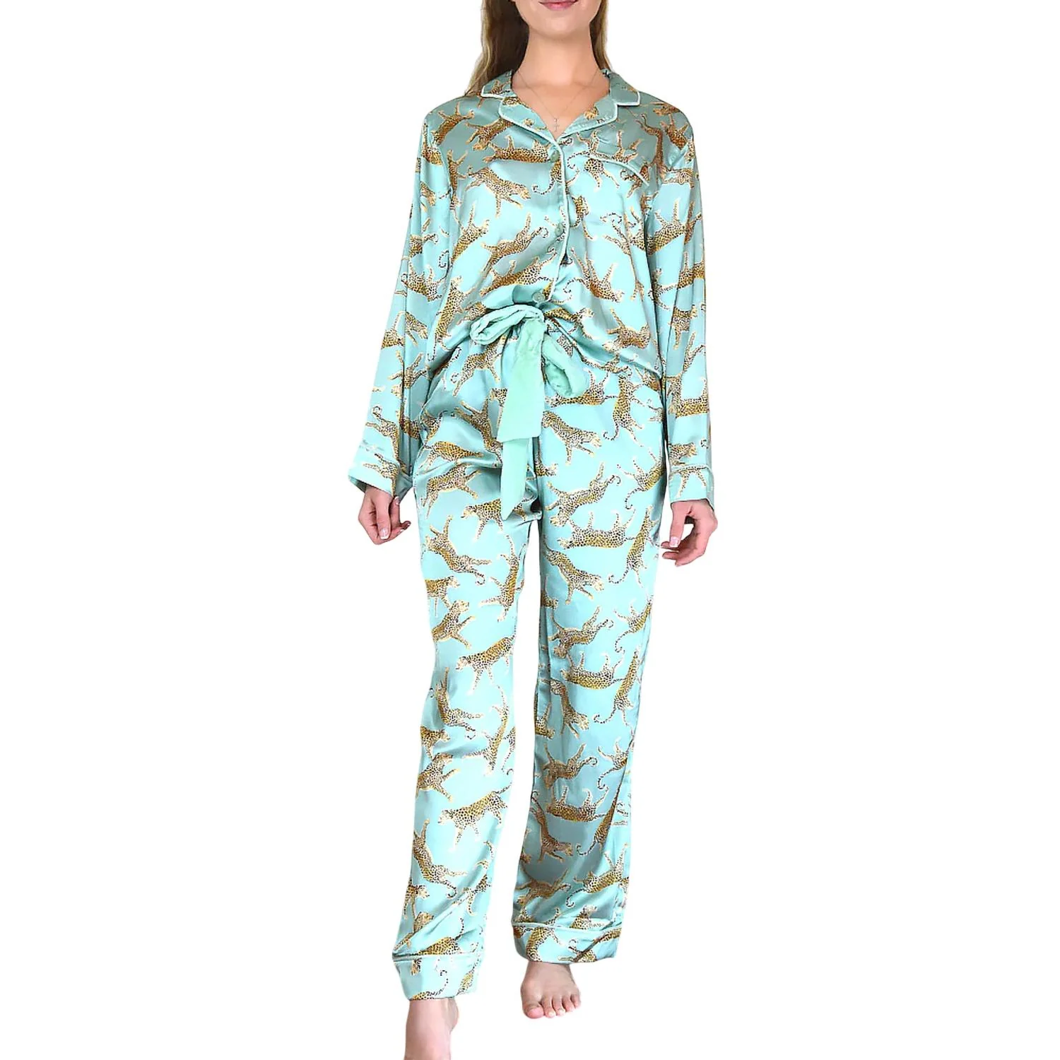 Satin Pant Pajama Set In Sage Leopard