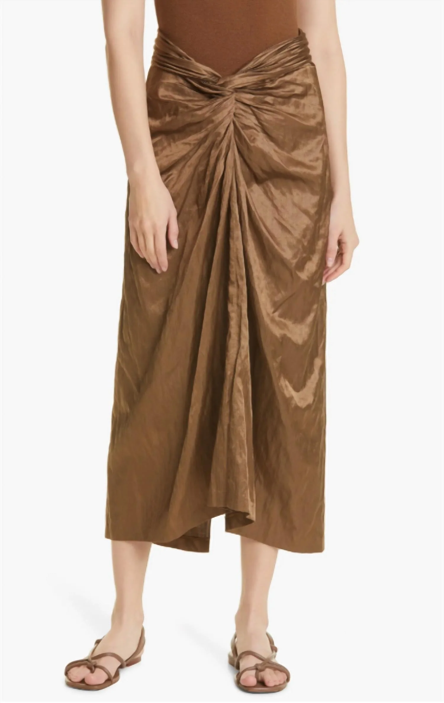 Metallic Twist Front Skirt In Brown