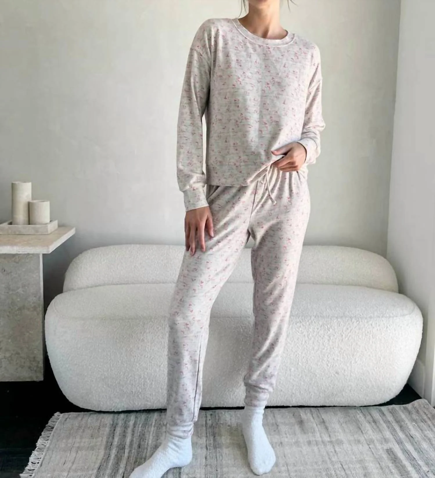 Marna Waffle Thermal Pajama Set In Holly Bunches