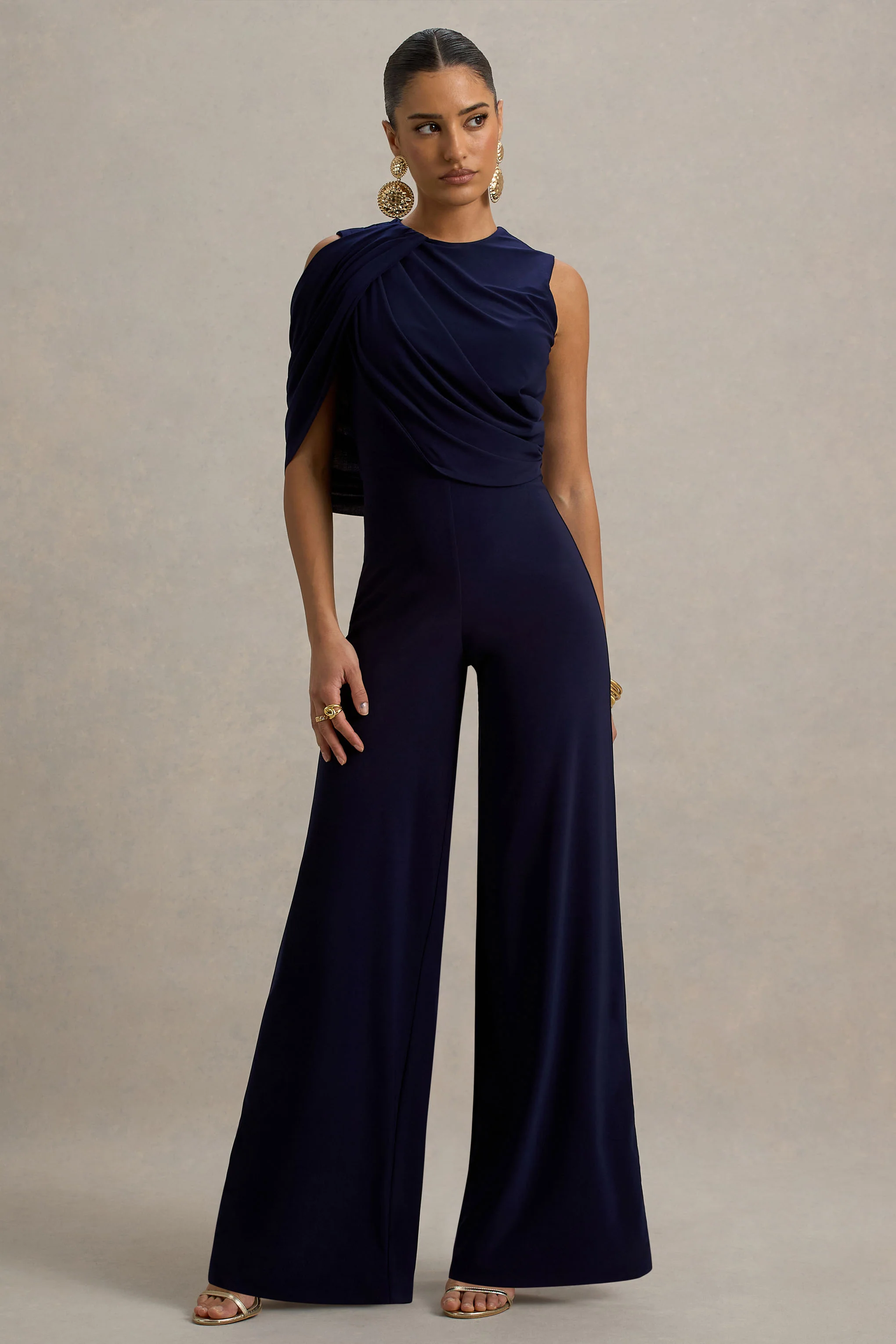Opulence | Navy Jumpsuit With Cape Sleeve and Draped Details