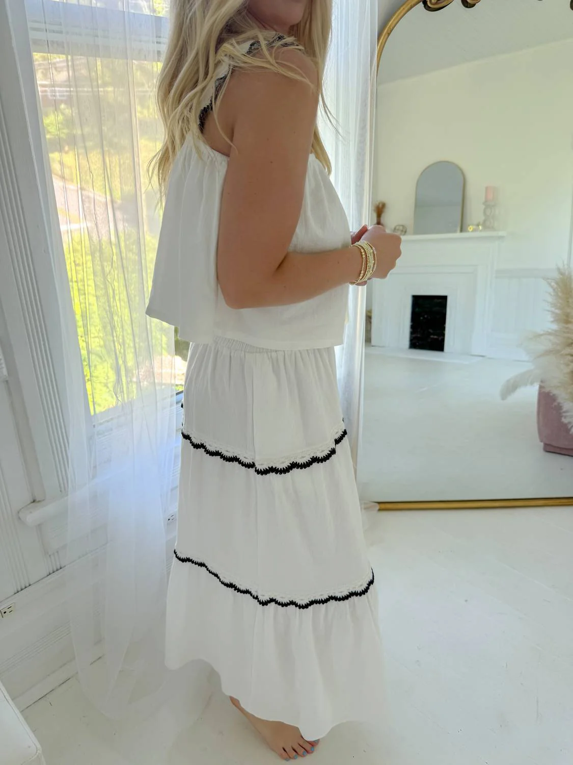 Mack Tiered Midi Skirt Set In Off White