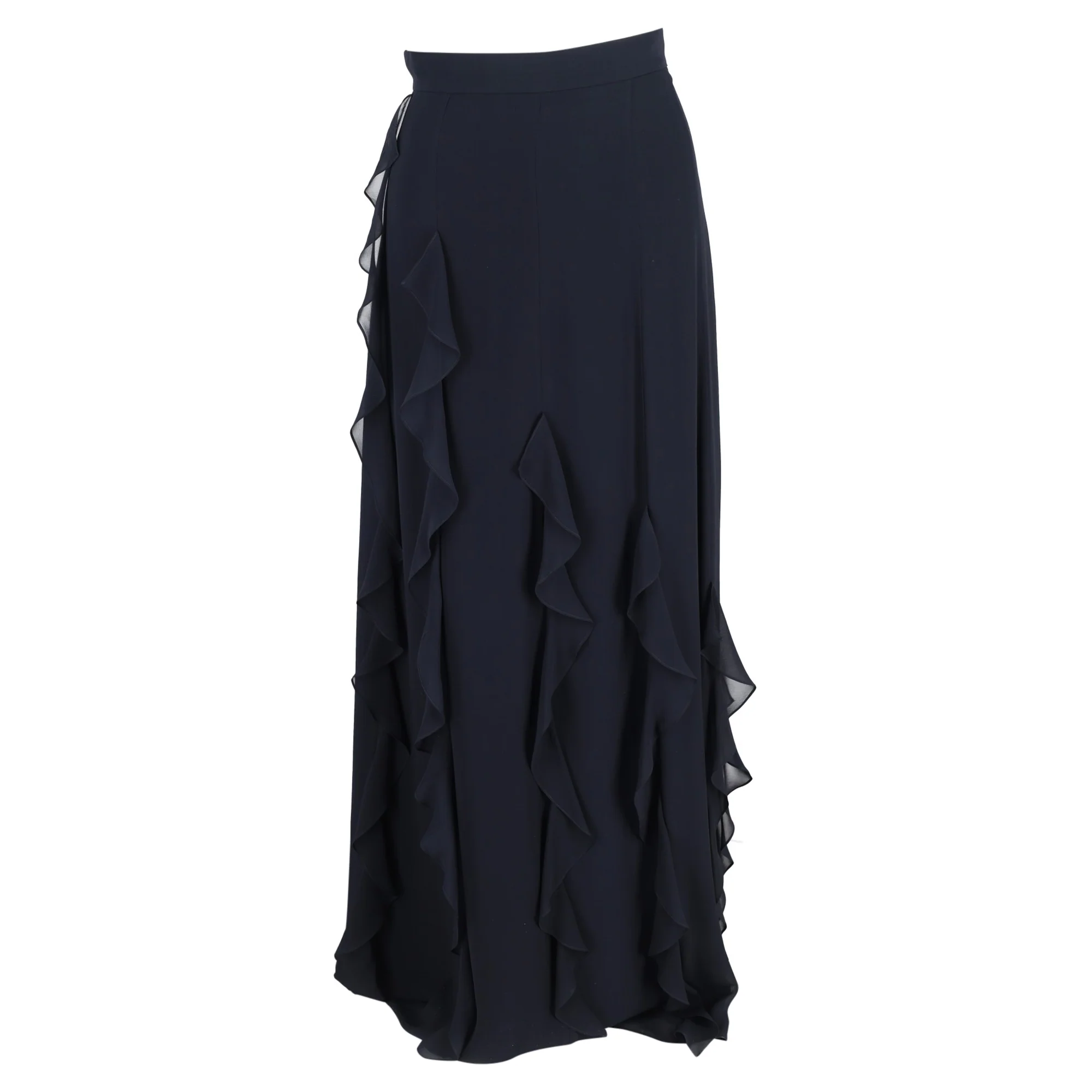 Max Mara Serafin Frilled Long Skirt in Navy Blue Silk