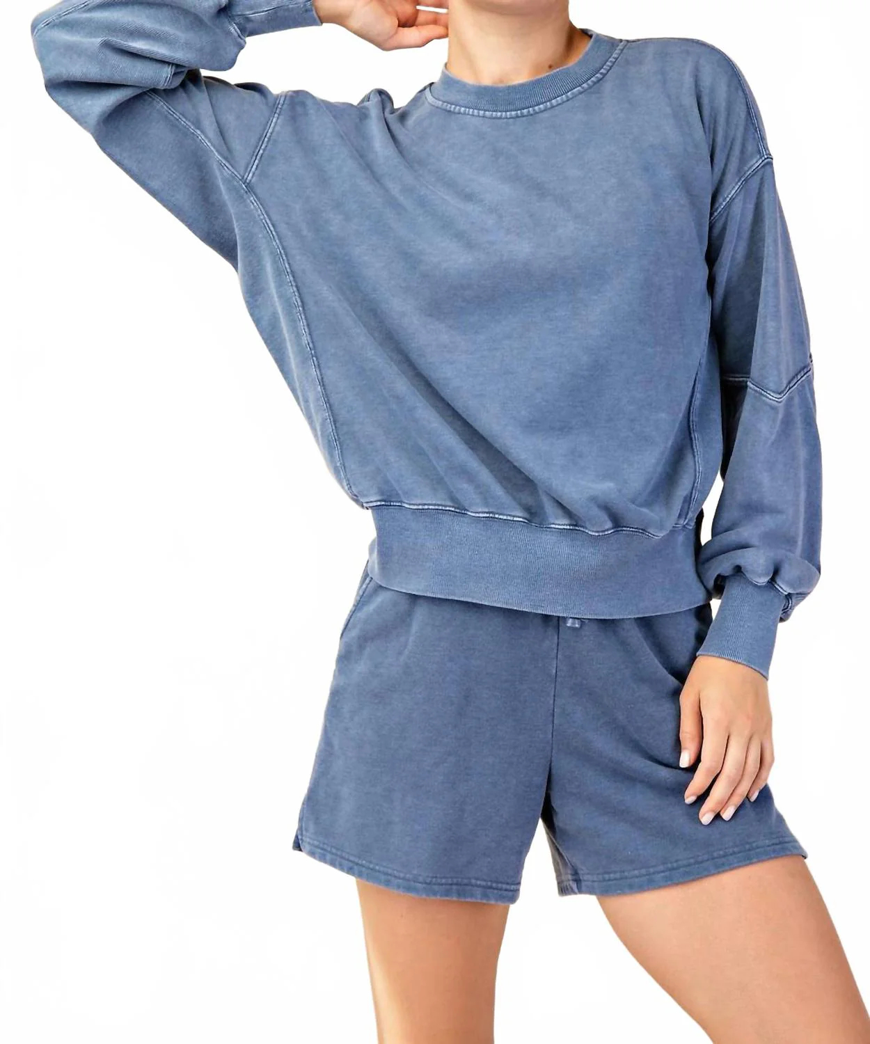 Mineral Washed Short Set In Navy