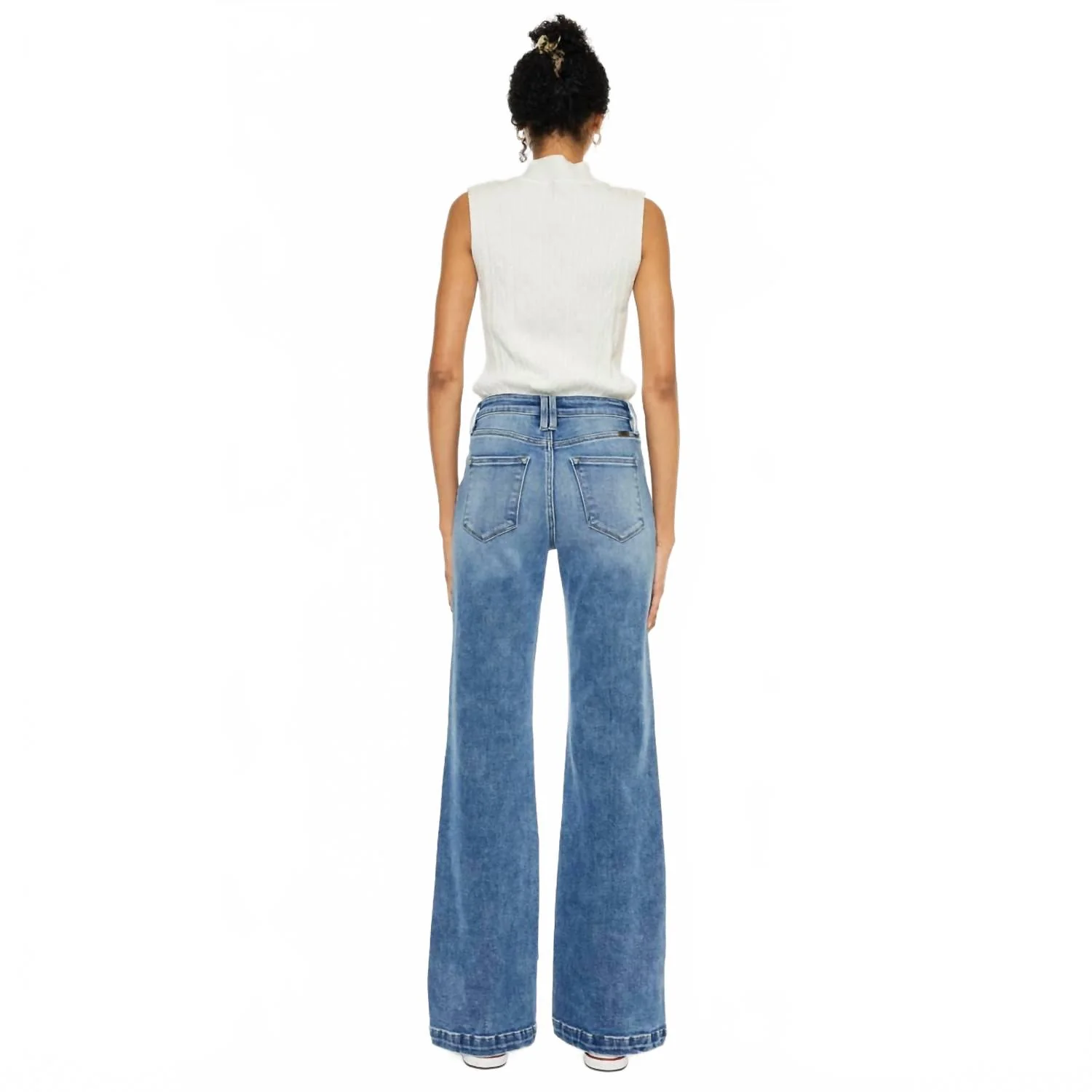 High Rise Wide Leg Flare Jeans In Medium Stone Wash