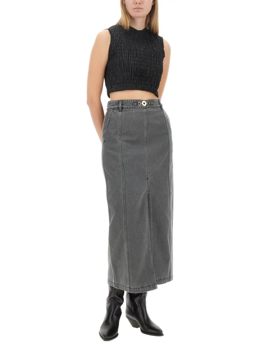 Front Slit Grey Midi Skirt With Visible Stitching