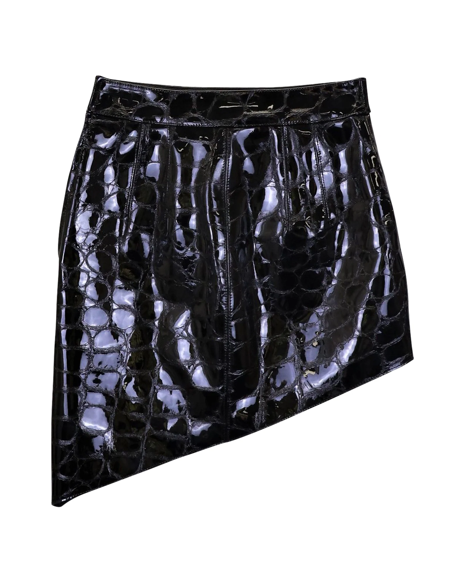 Alexander Wang Asymmetric Mini Skirt in Black Croc-Effect Calfskin Leather