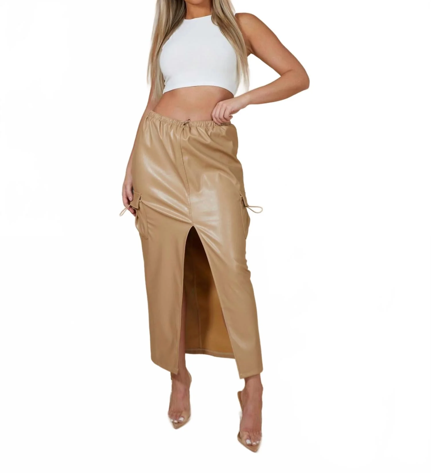 Corrie Leather Pocket Detail Cargo Maxi Skirt In Brown