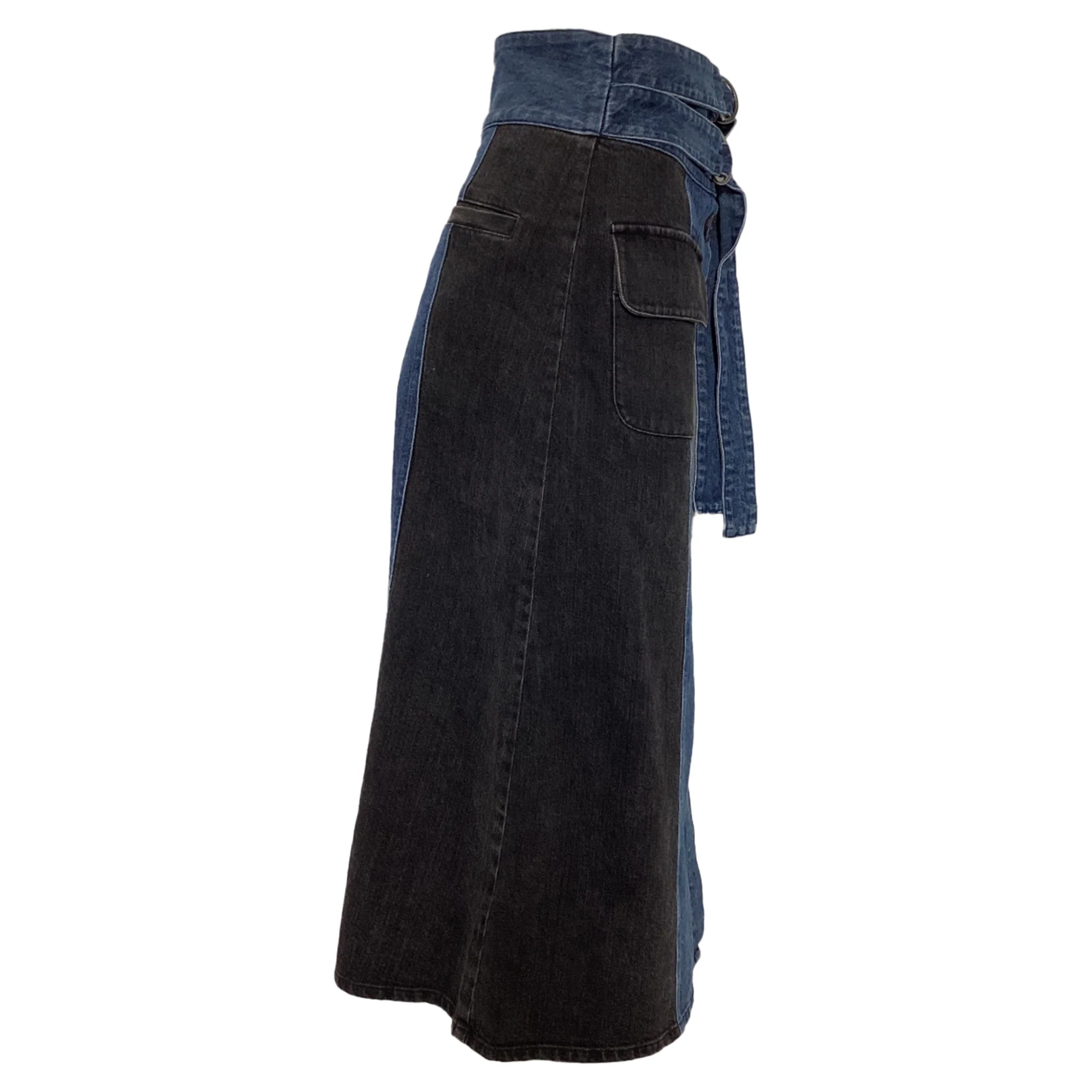 Sea New York Double-Belted Midi Skirt in Blue and Black Cotton Denim