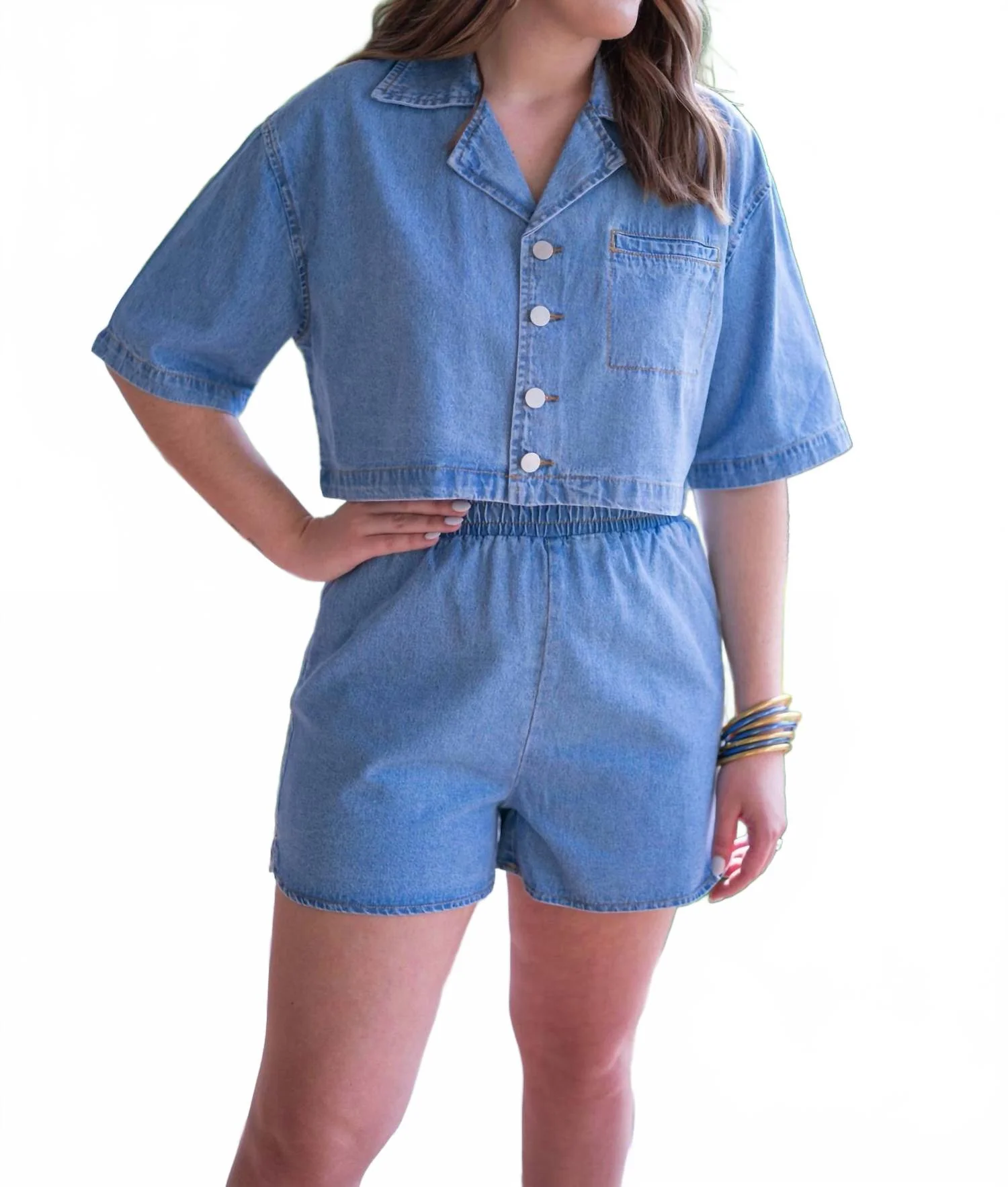 Denim Top And Shorts Set In Chambray Denim
