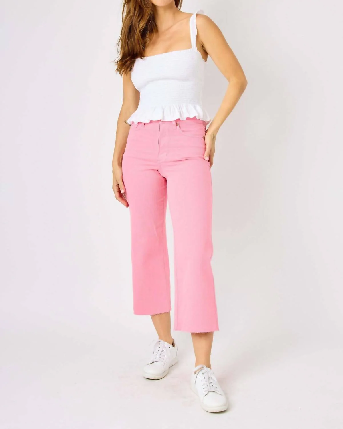 Tummy Control Wide Leg Crop Denim Jeans In Pink