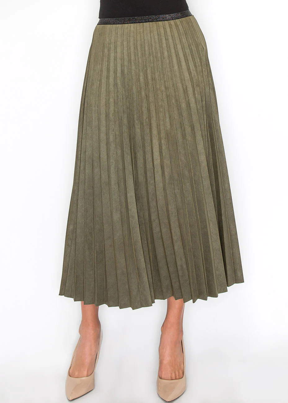 Olive Pleated Suede Midi Skirt