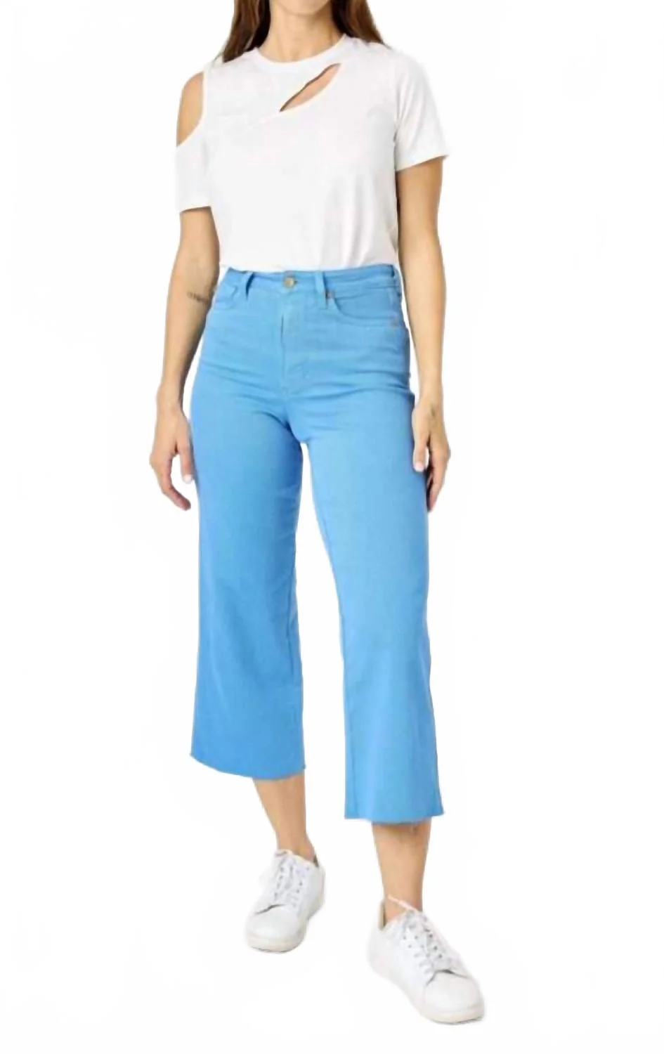 Tummy Control Crop Wide Leg Pants In Sky Blue