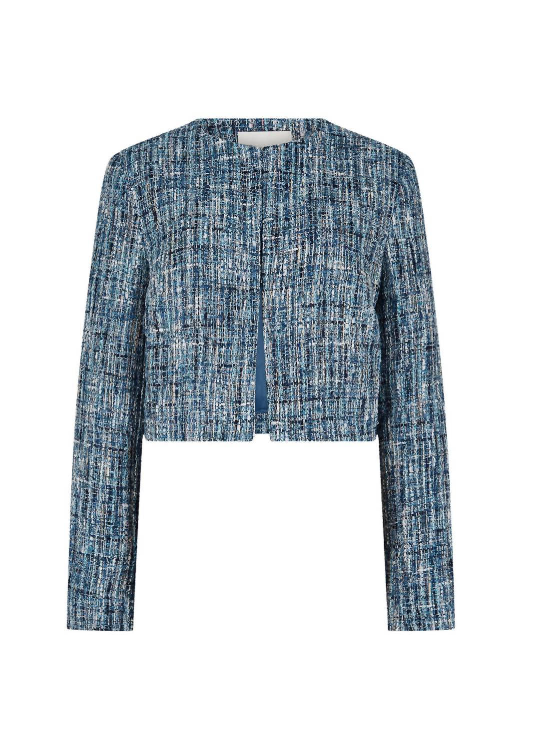 Textured Tweed Collarless Blazer In Blue