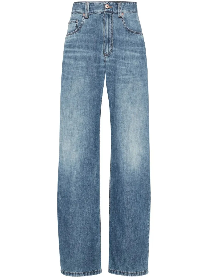 Wide-Leg Denim Pants With Vintage Wash