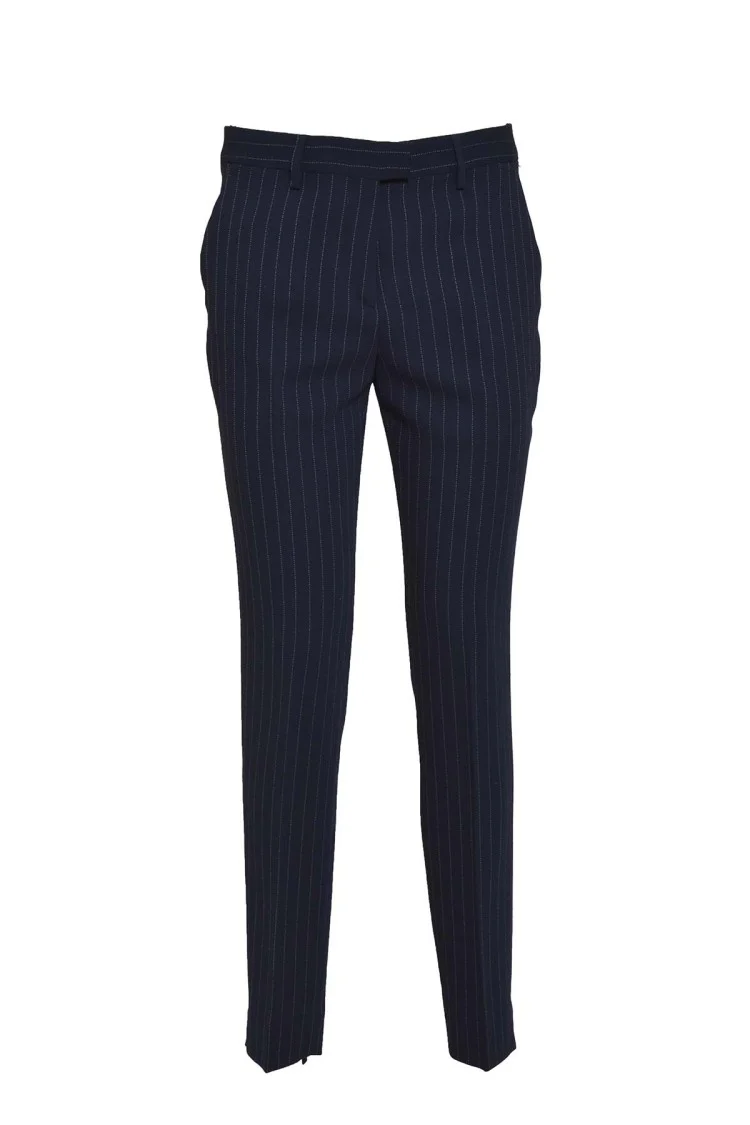 Blue Pinstriped Virgin Wool Straight Pants