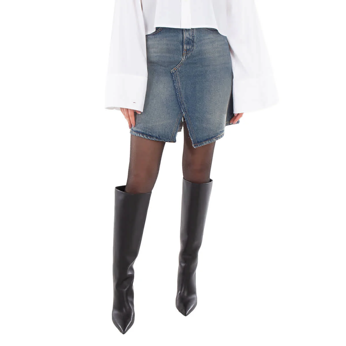 MM6 Logo Patch Faded Denim Skirt, Brand Size 38 (US Size 4)