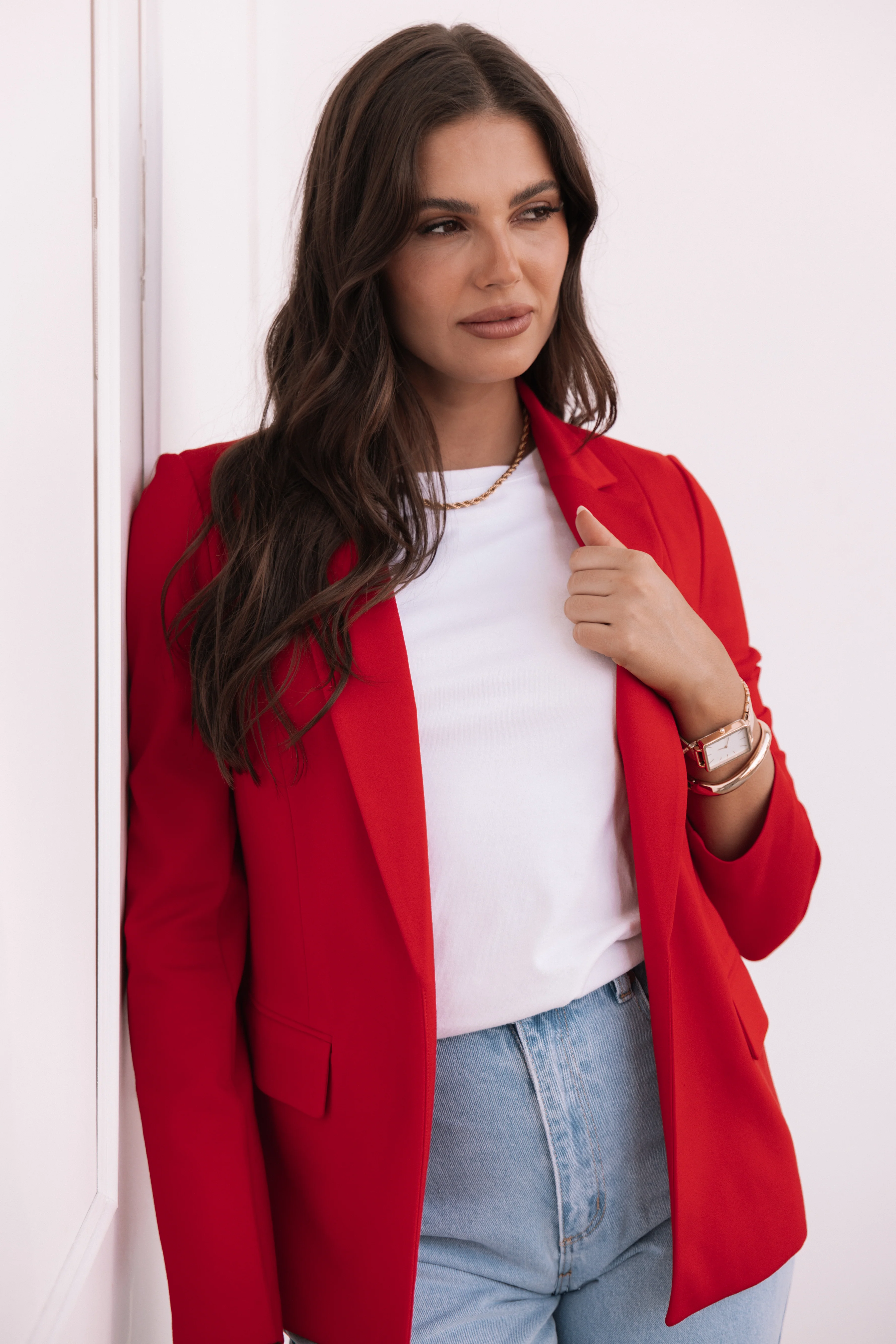 Ronny Open Front Knit Blazer - Scarlet Red