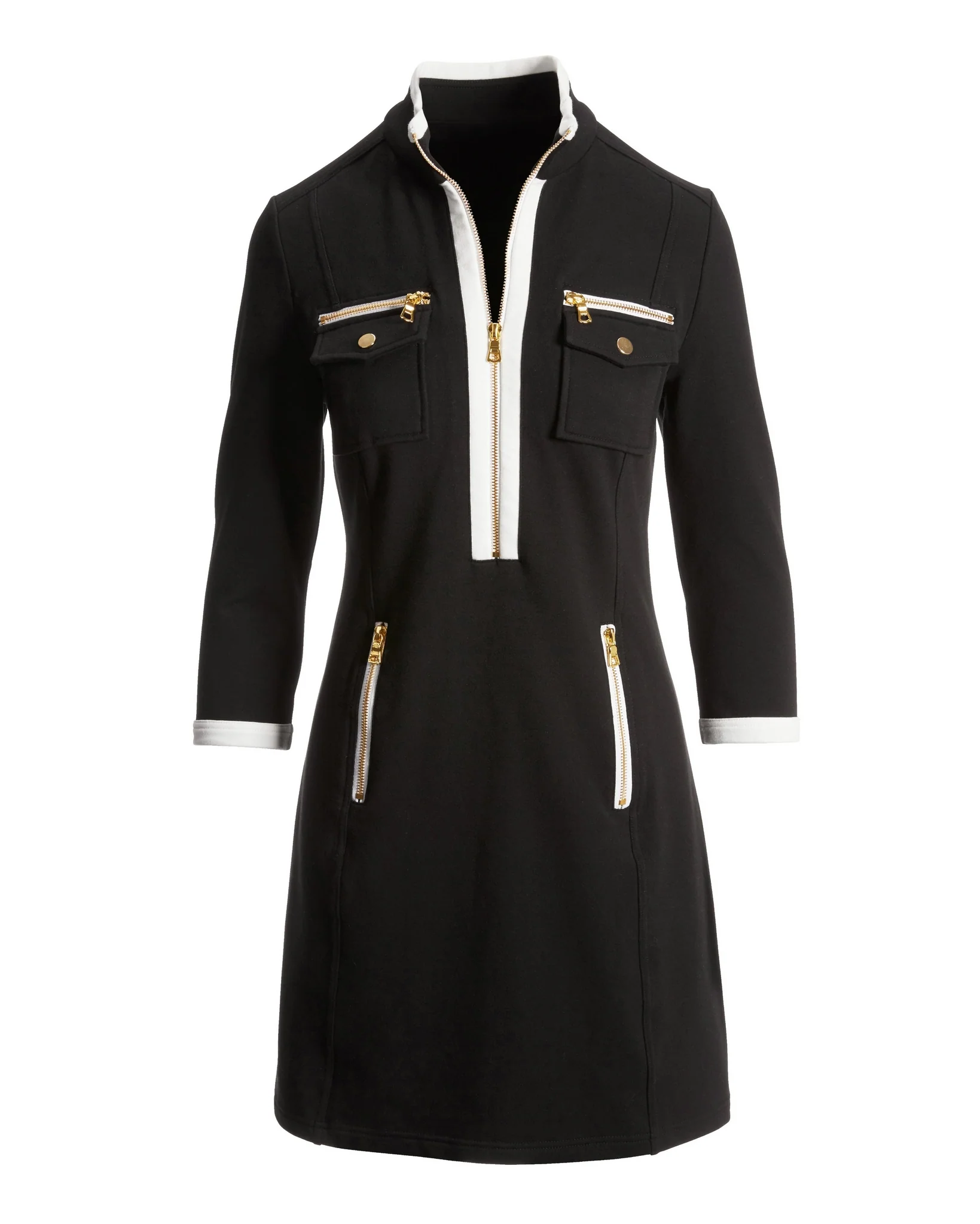 Three Quarter Sleeve Chic Zip Dress Black/White