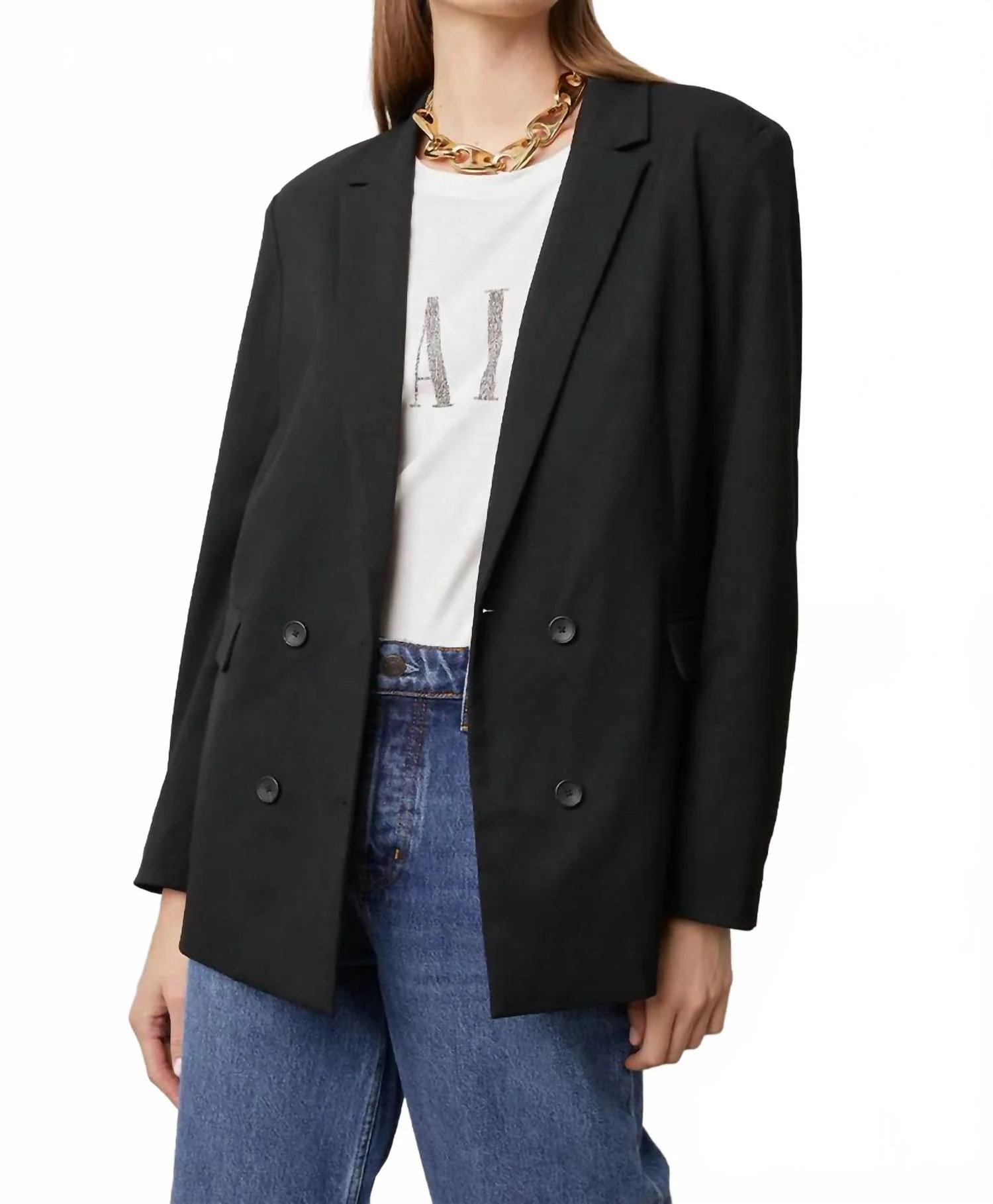 Twill Double-Breasted Jacket Blazer In Black