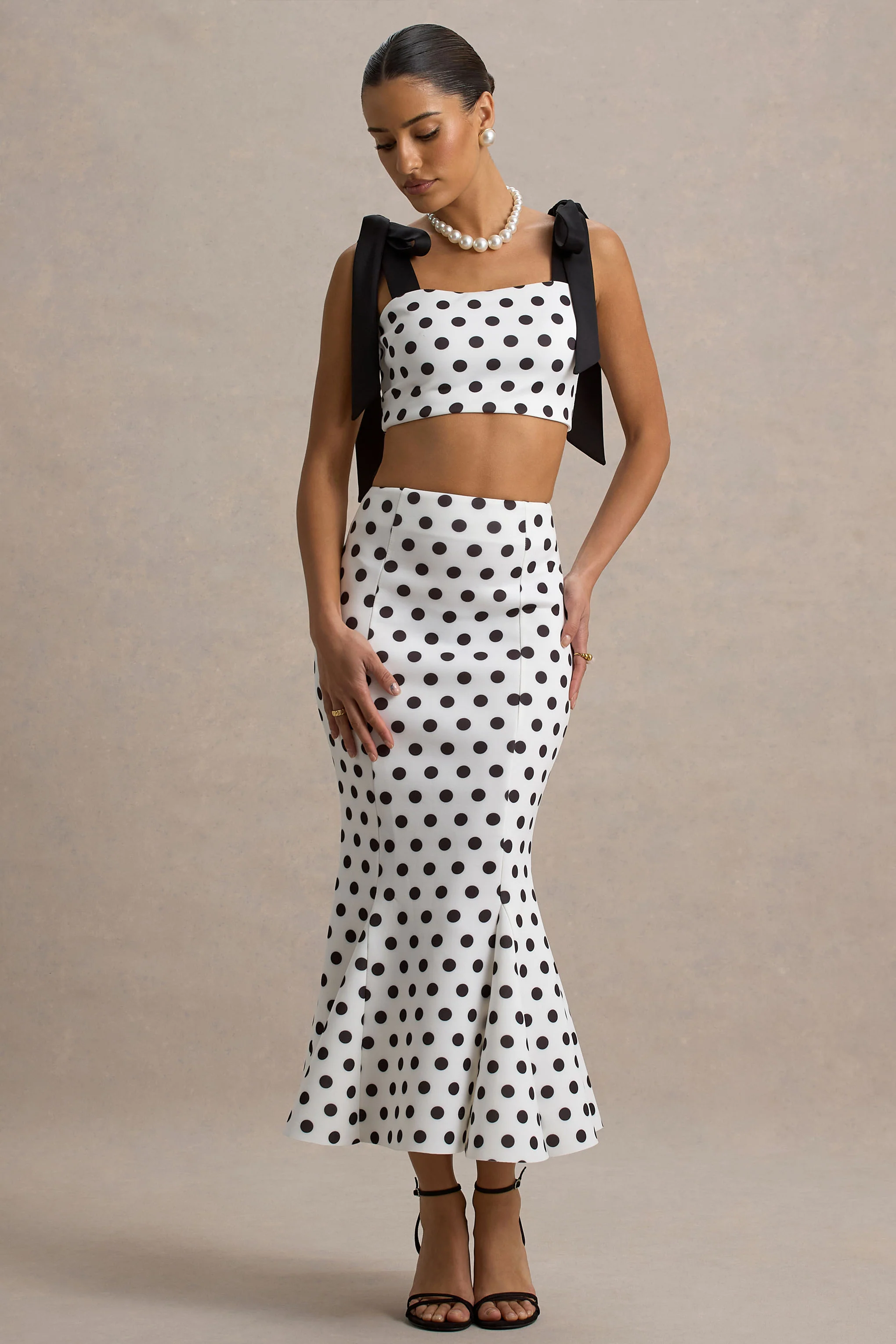 Amadea | Black & White Polka Dot Fishtail Midi Skirt