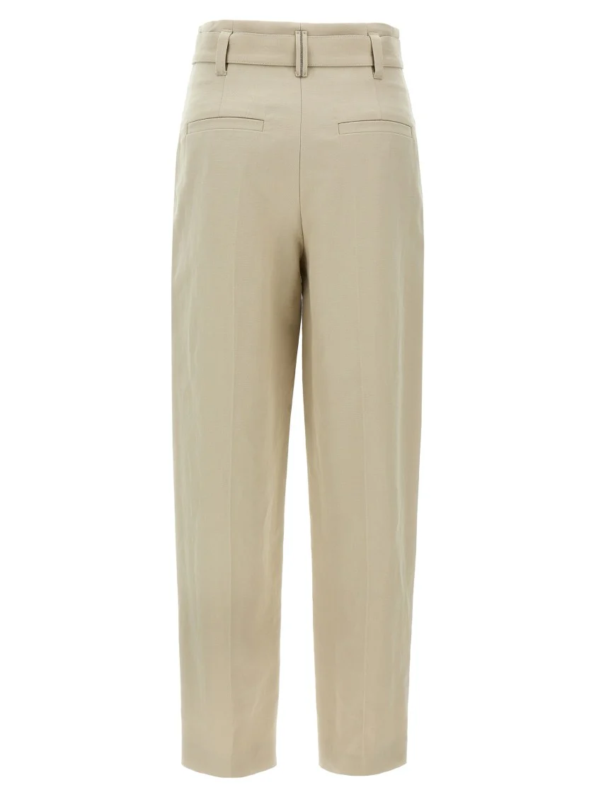 High-Waisted Cotton-Linen Trousers With Adjustable Belt