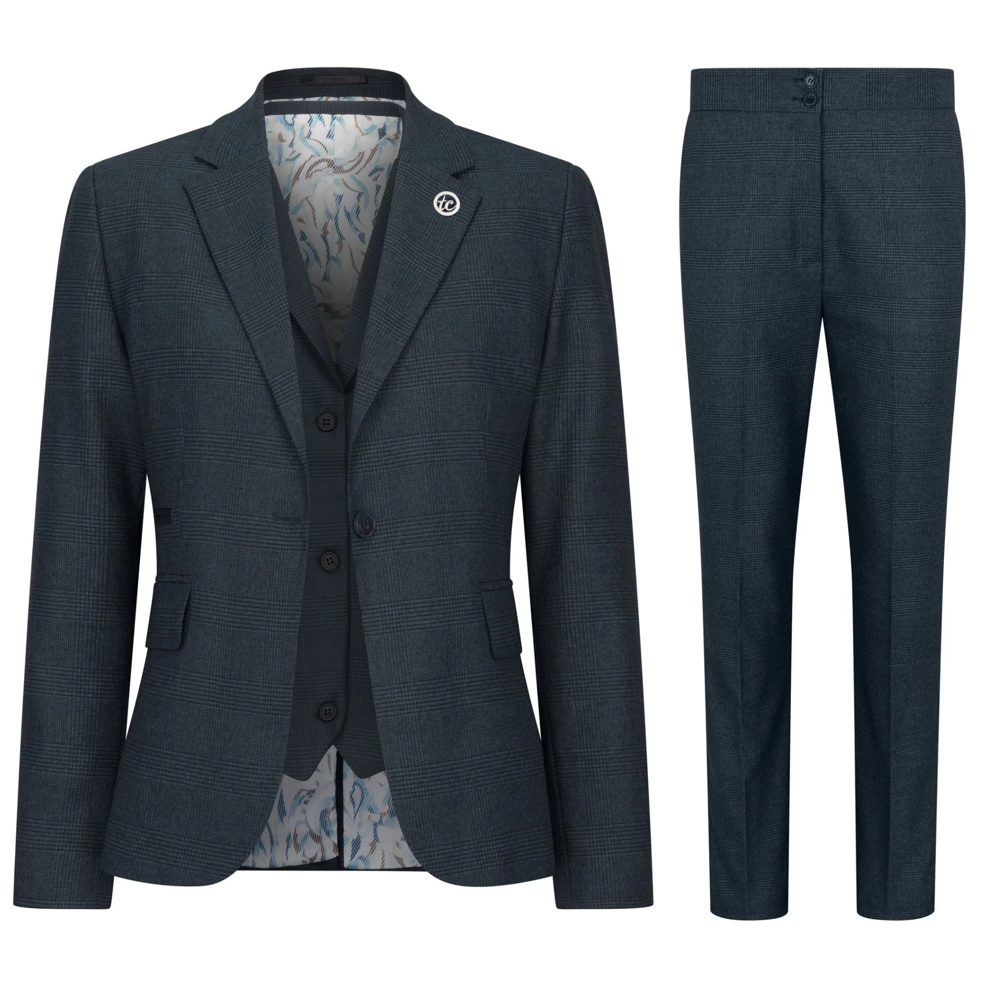 Women's Olive Three-Piece Tailored Fit Suit in Prince of Wales Check