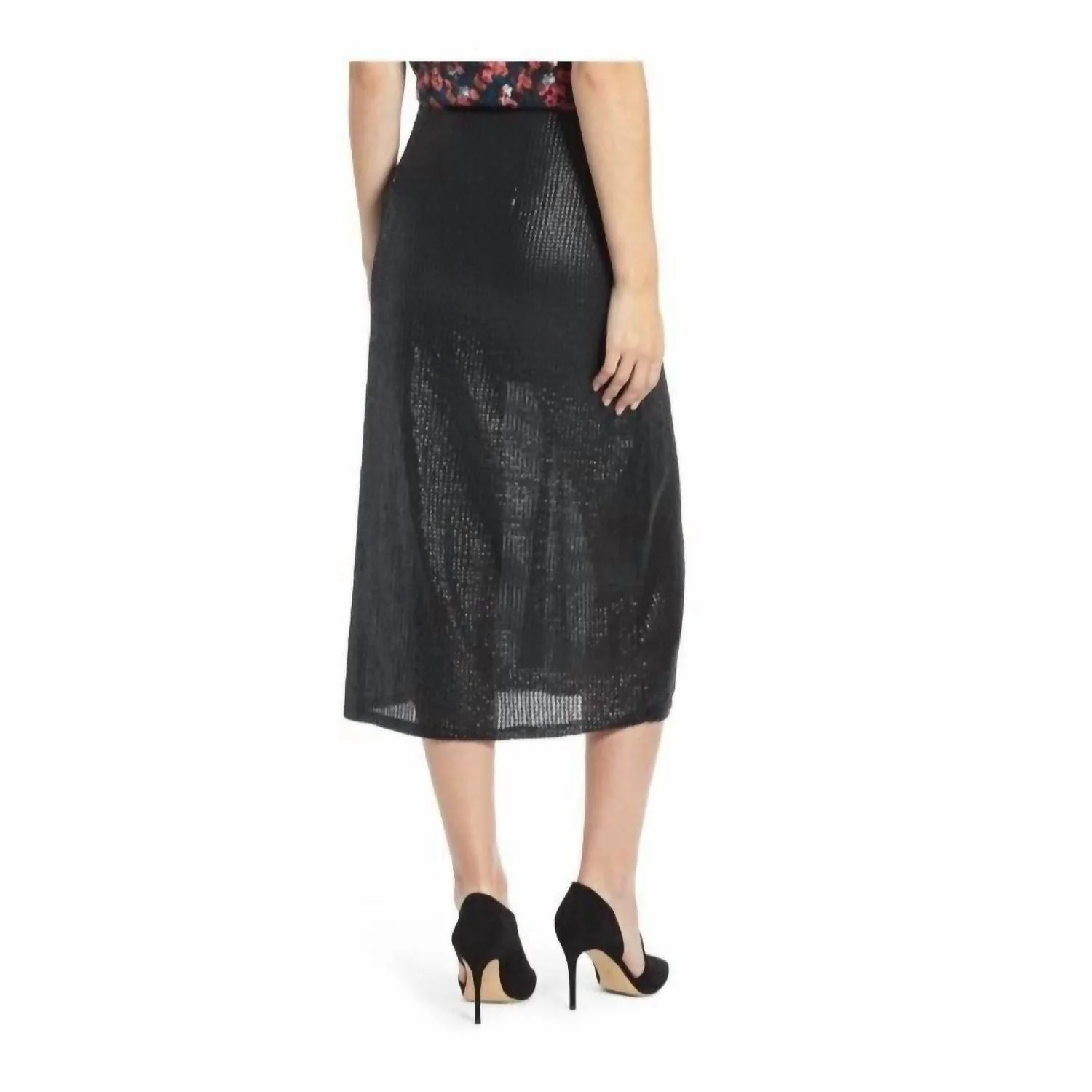 Faux Wrap Sequin Front Slit Tie Midi Skirt In Black