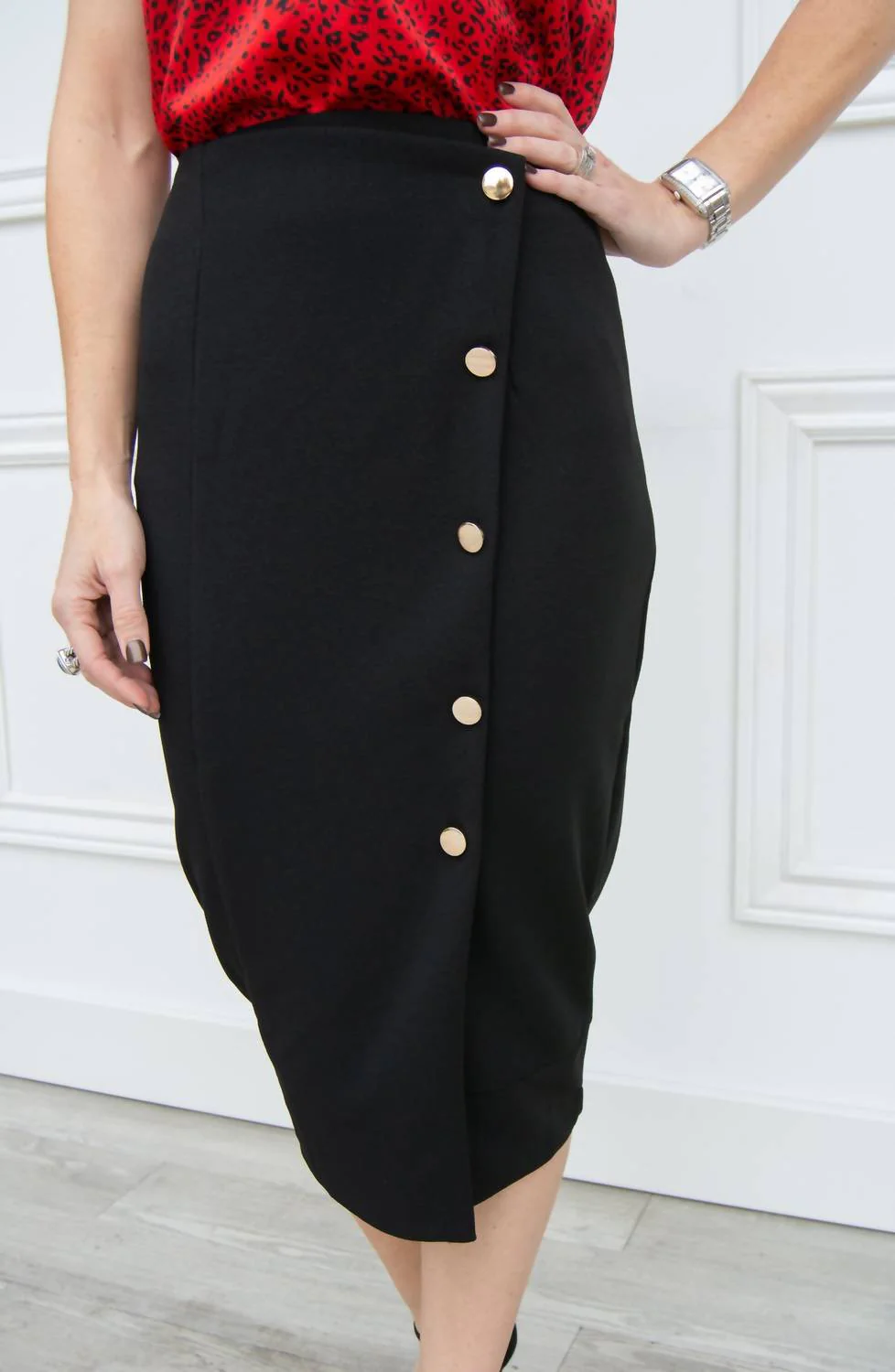 Button Front Pencil Skirt In Black