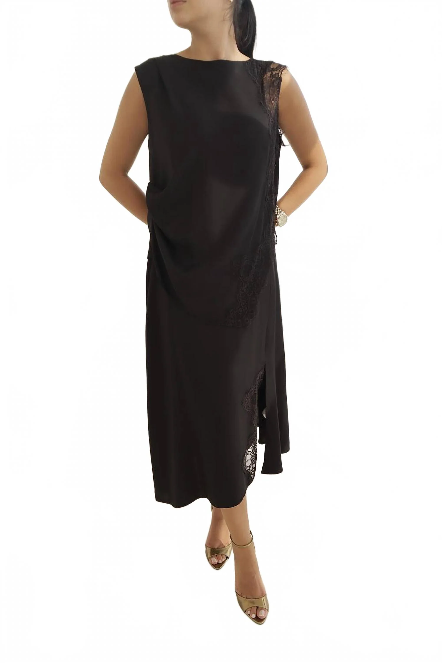 Boat Neck Top And Midi Skirt Set With Lace Trim In Black