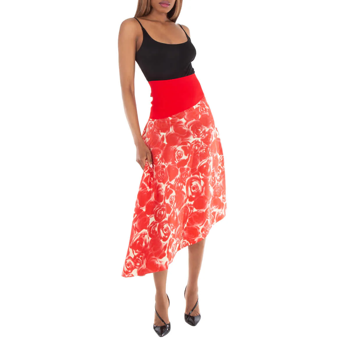 Burberry Rose-Print Asymmetric Silk Skirt