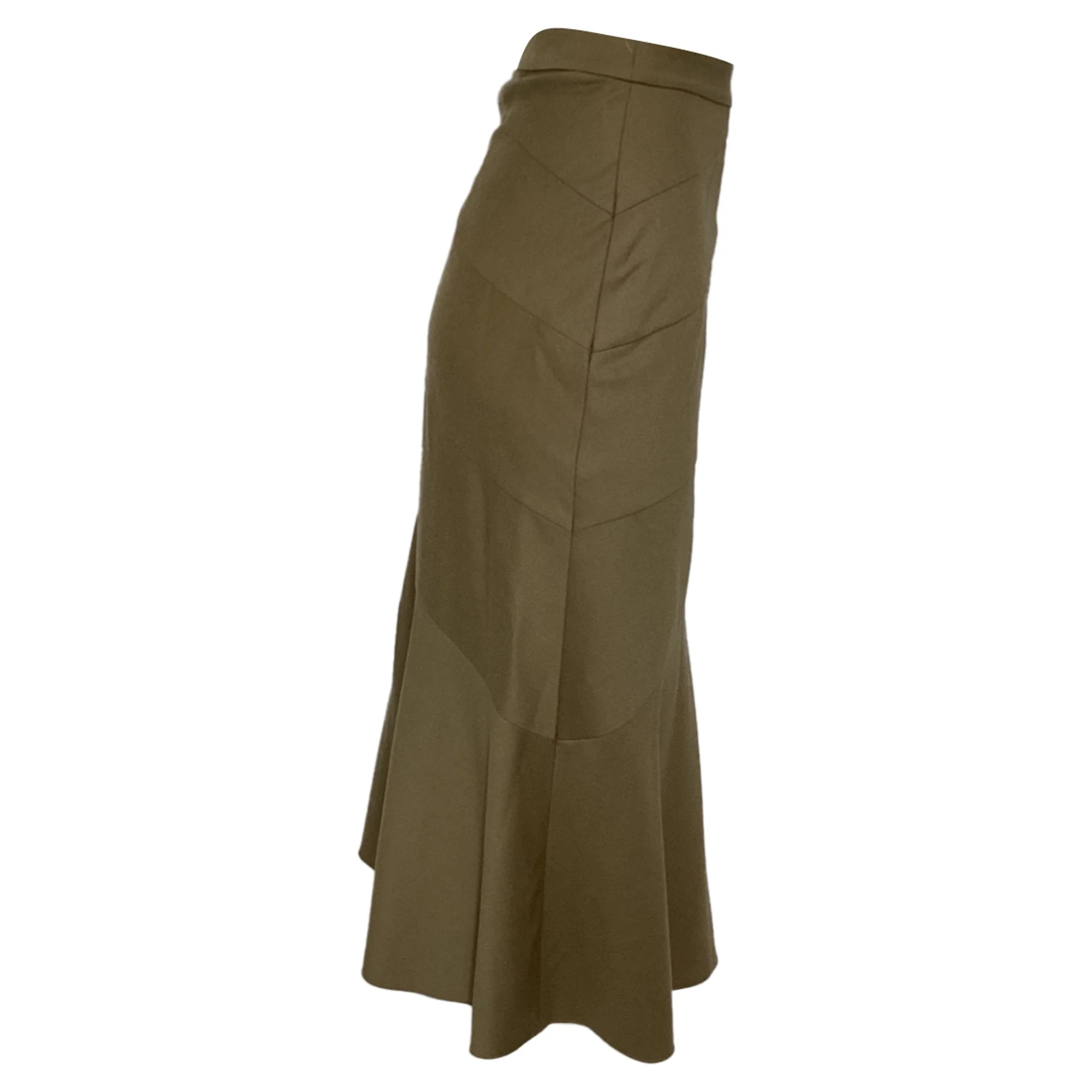 Theory Diagonal Flared Midi Skirt in Olive Wool