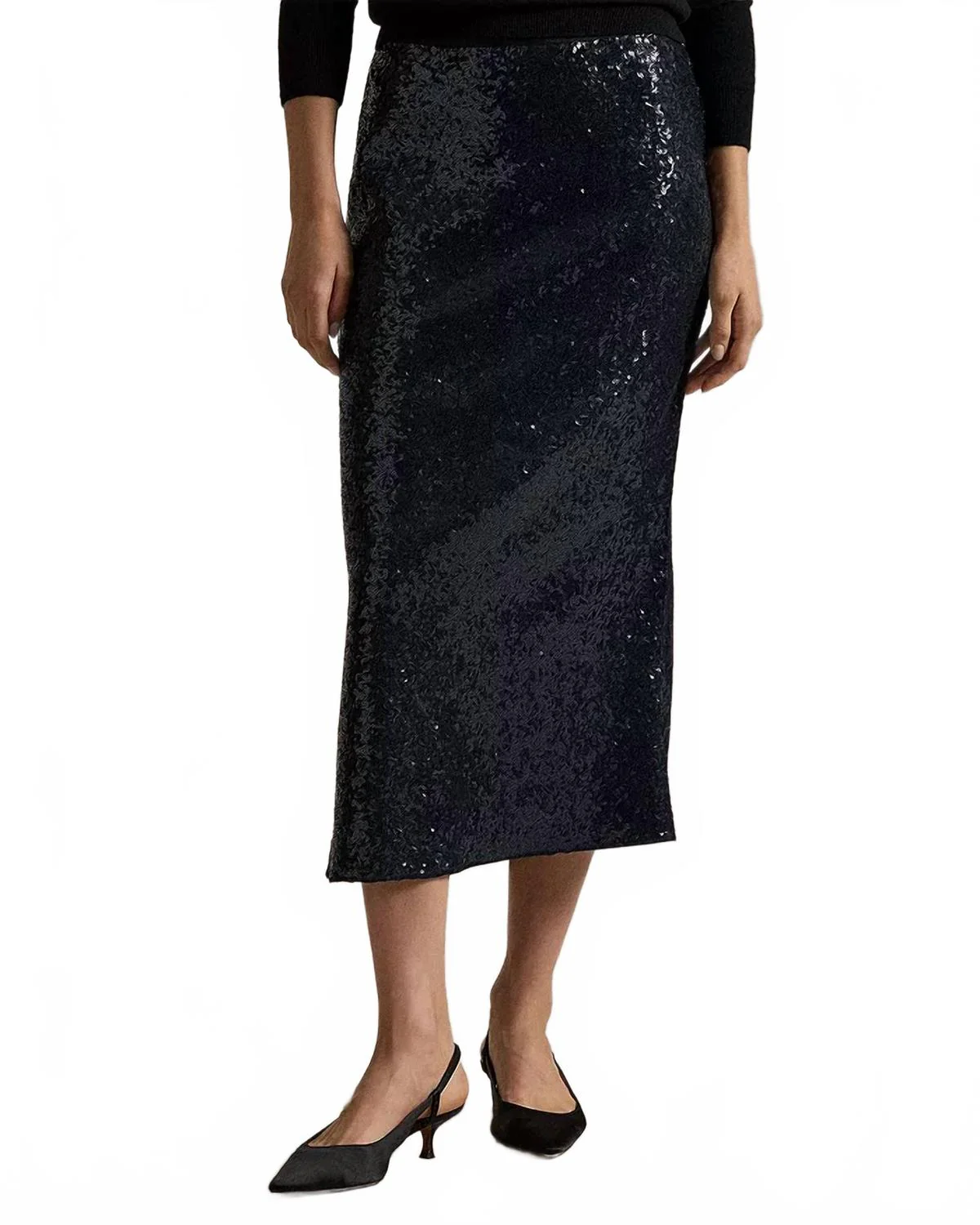 Sequin Midi Skirt In Deep Navy