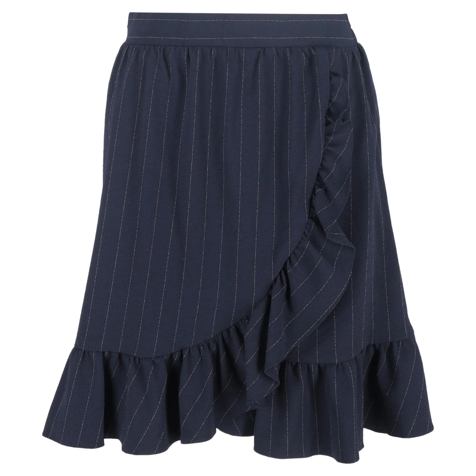 Ganni Striped Ruffled Mini Skirt in Navy Blue Polyester