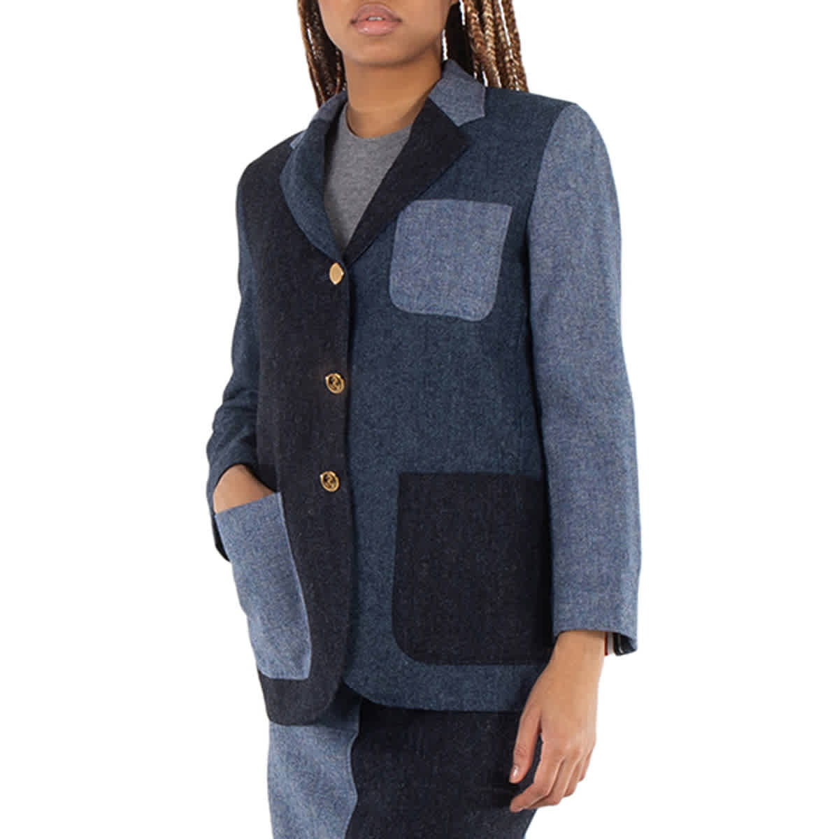 Thom Browne Ladies Navy Patchwork Donegal Tweed Blazer, Brand Size 36 (US Size 0)