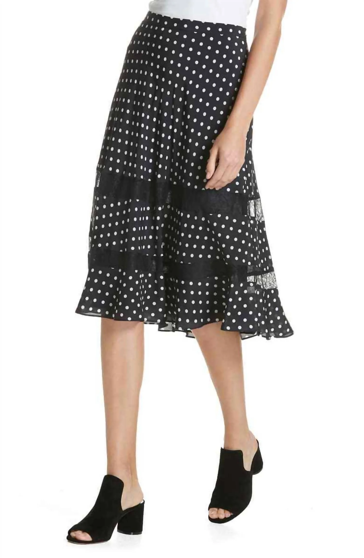 Polka Dot Lace Trim A Line Midi Skirt In Navy Blue