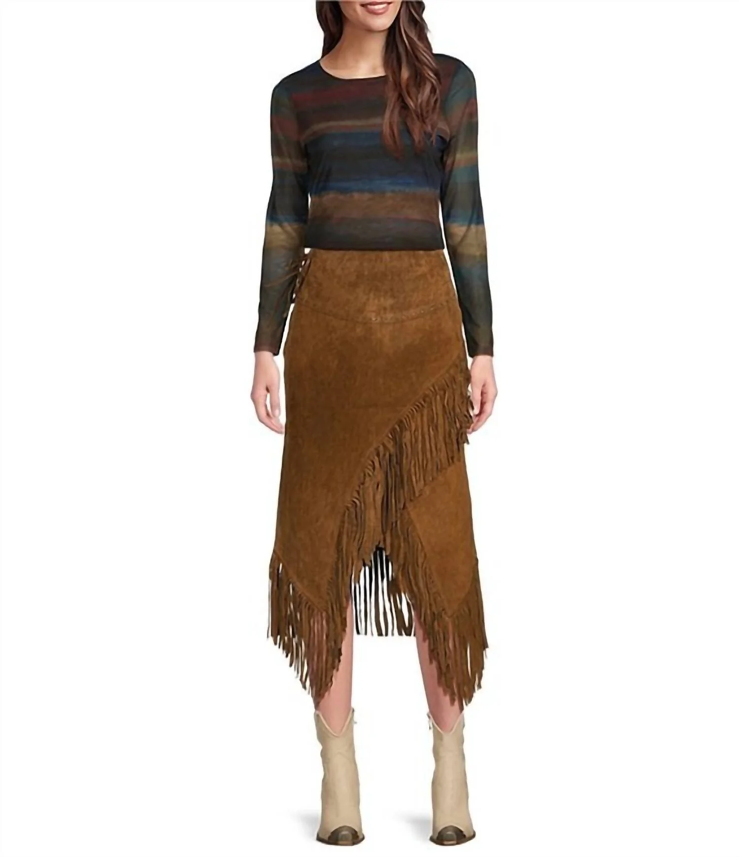Long Suede Leather Fringe Midi Skirt In Cinnamon