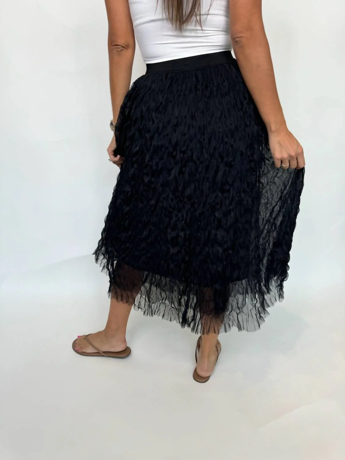 Chiffon Crinkled Midi Skirt In Black