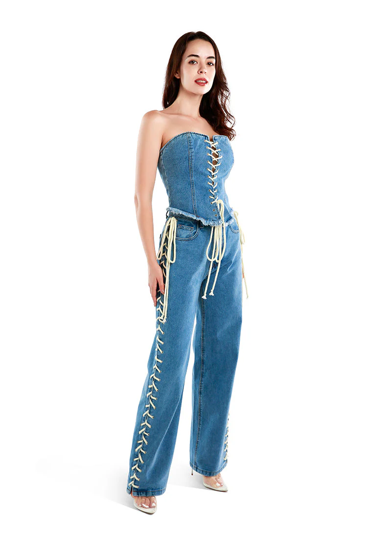 lace up denim trousers