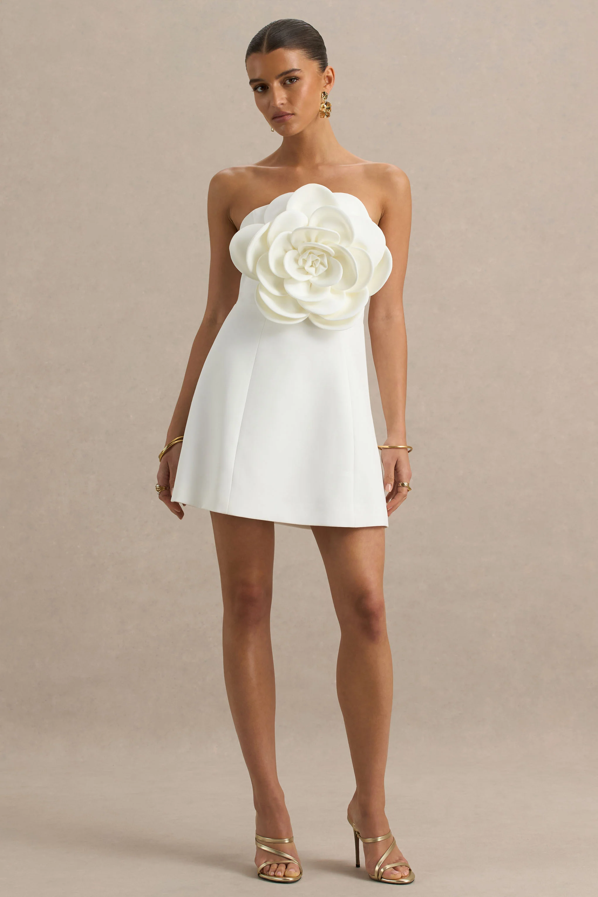 Daffodil | White Bandeau Mini Dress With Large Floral Corsage