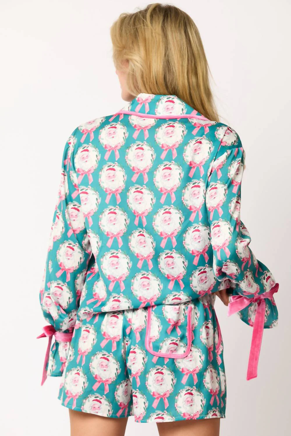 Santa And Bow Prints Pajama Set In Teal