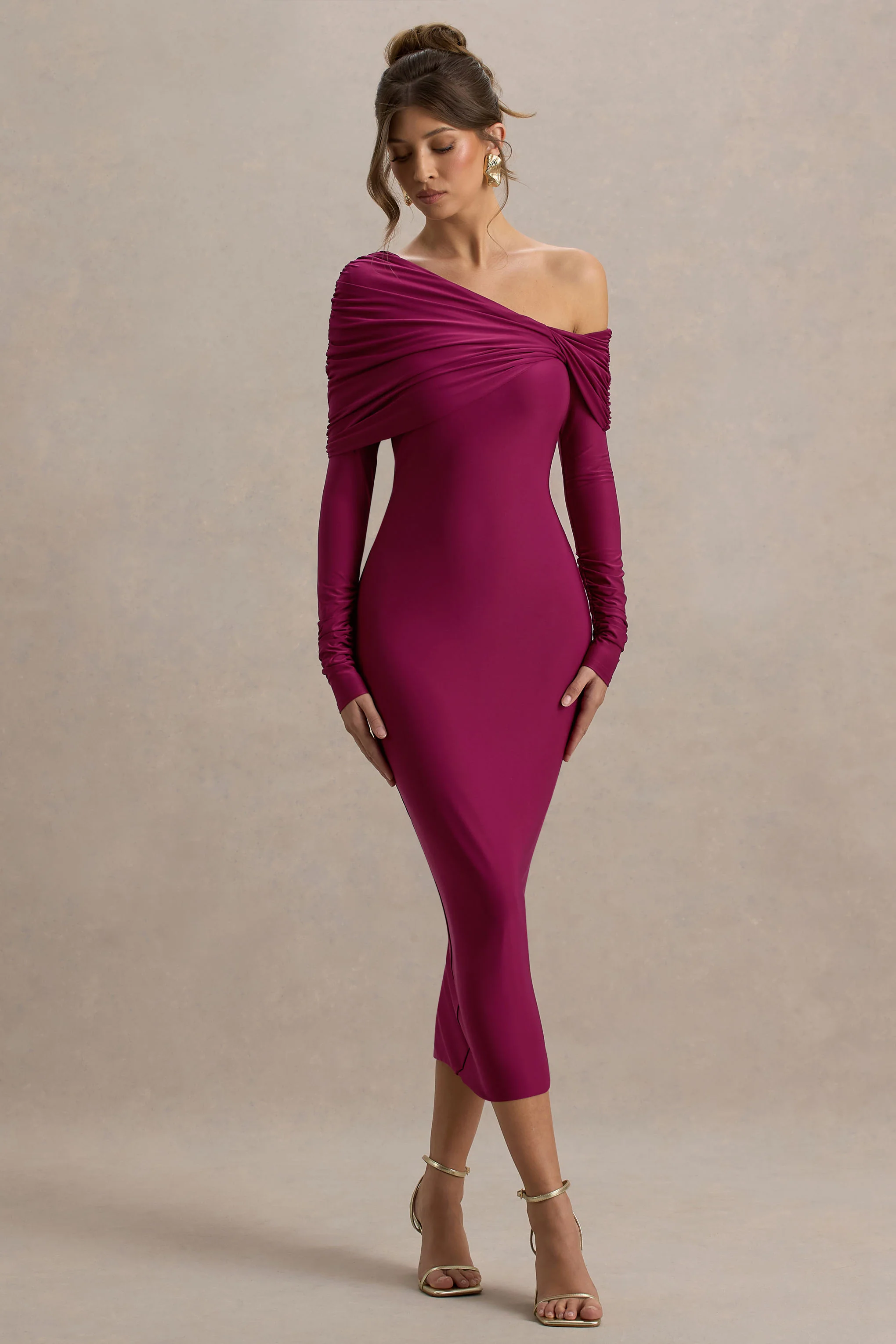 Cleo | Burgundy Bodycon Midi Dress With Mesh Sleeves