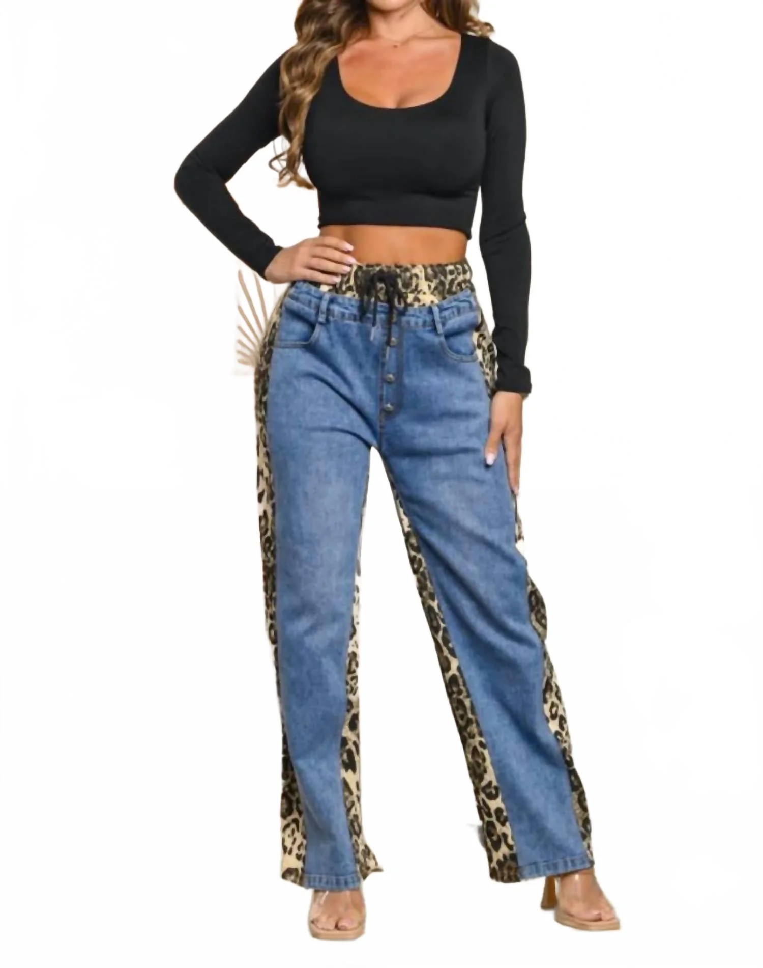 A Denim Leopard Combo Pants In Blue Multi