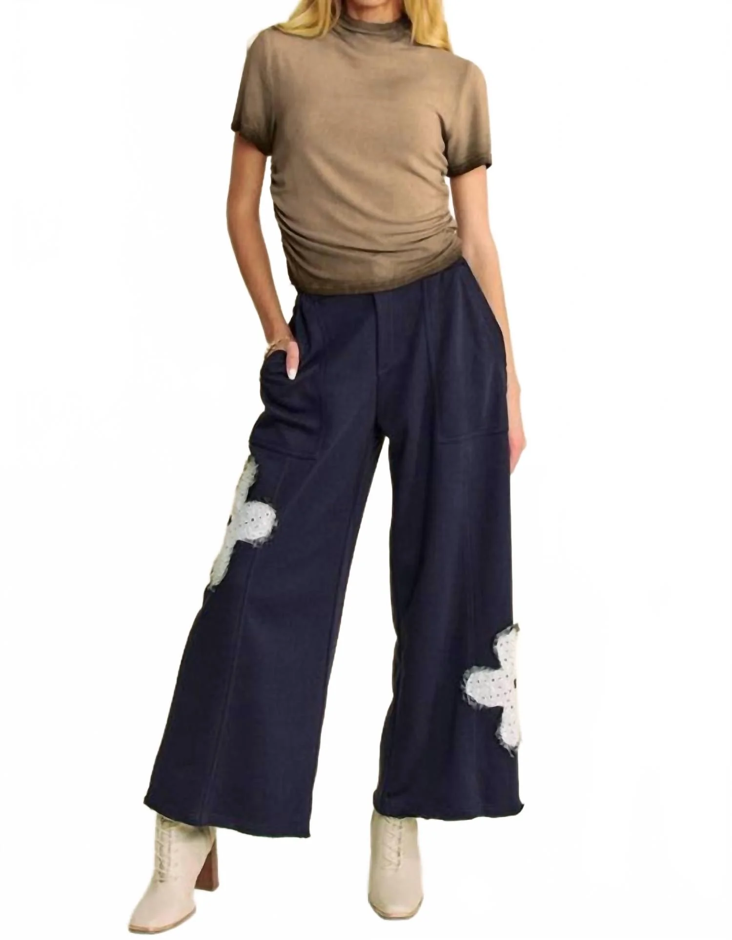 Plus Floral Patch Pocket Elastic Terry Pants In Ink