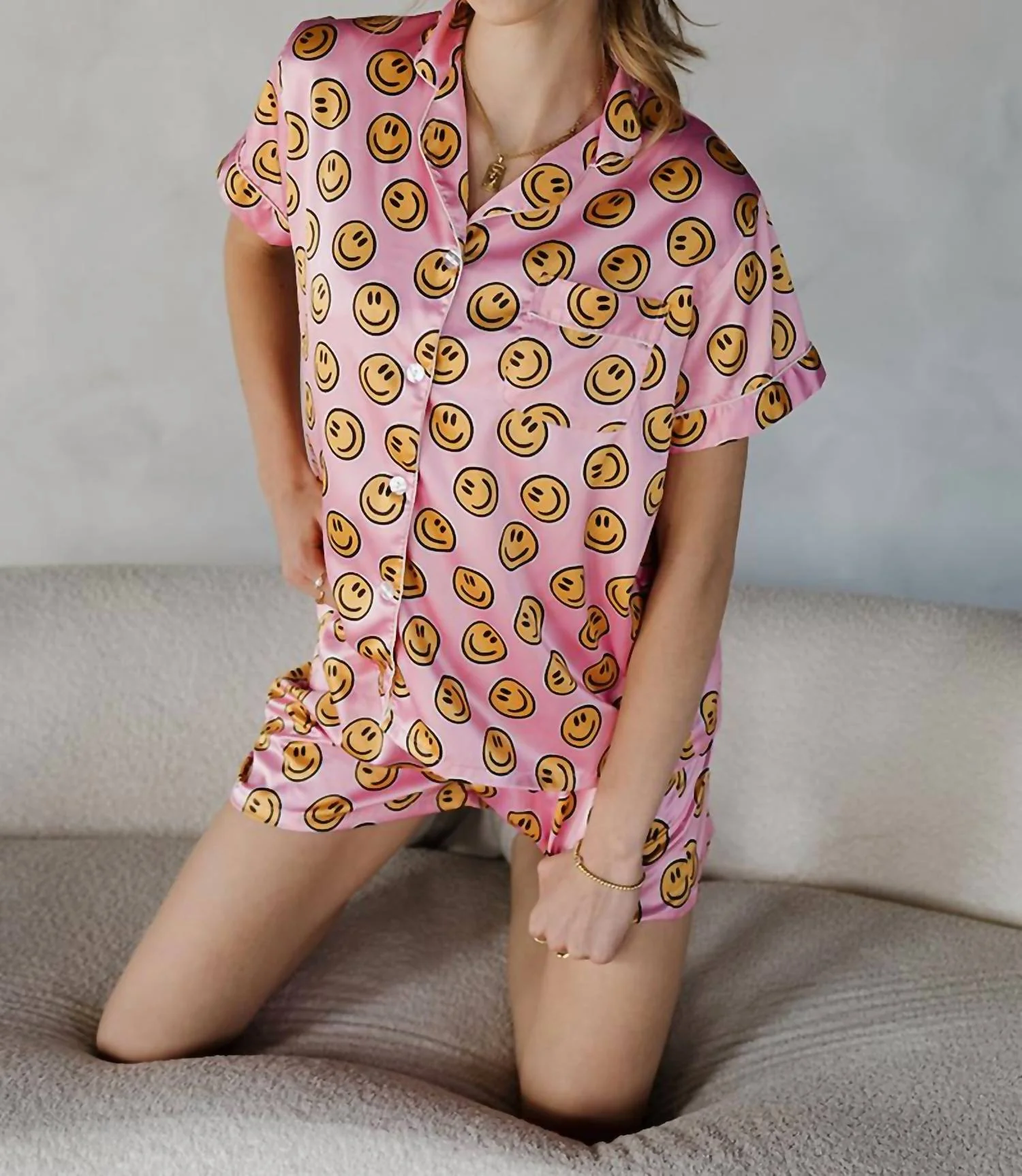 Smiley Face Satin Pajamas In Pink