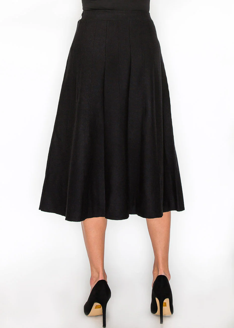 Black Pleated Knit Midi Skirt