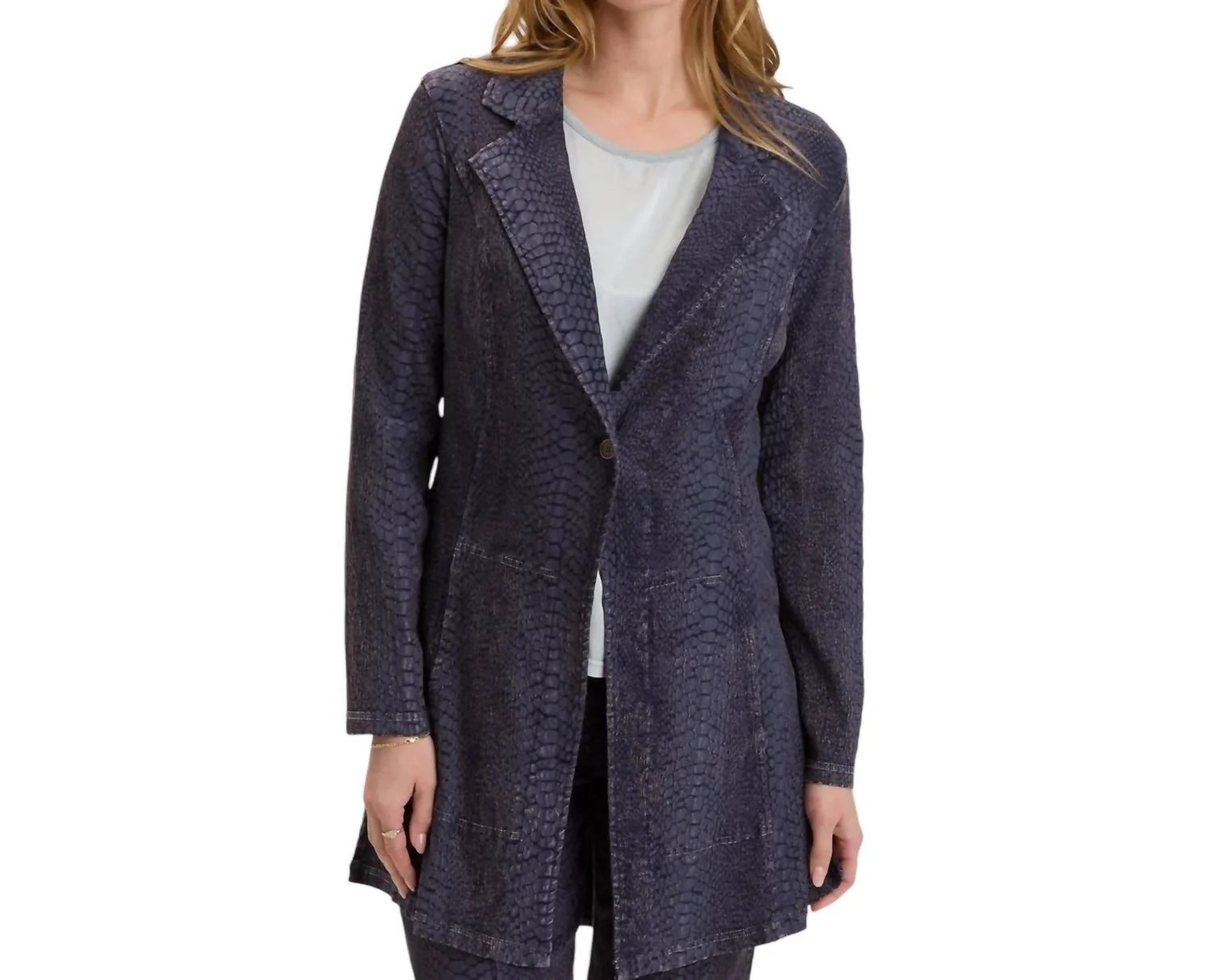 Rhodora Long Blazer In True Navy Acid Wash