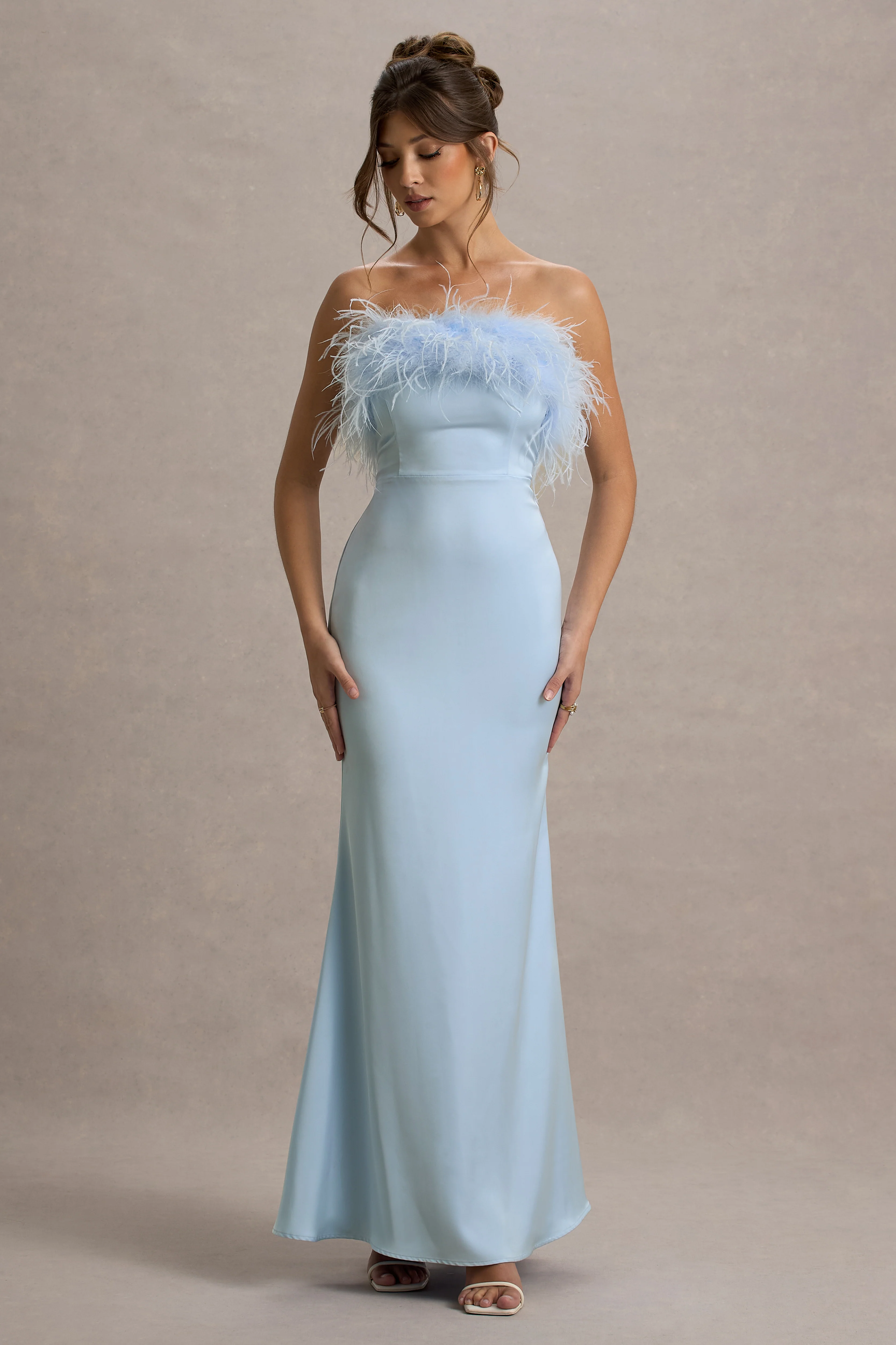 Dress For It | Powder Blue Satin Feather Trim Bandeau Maxi Dress