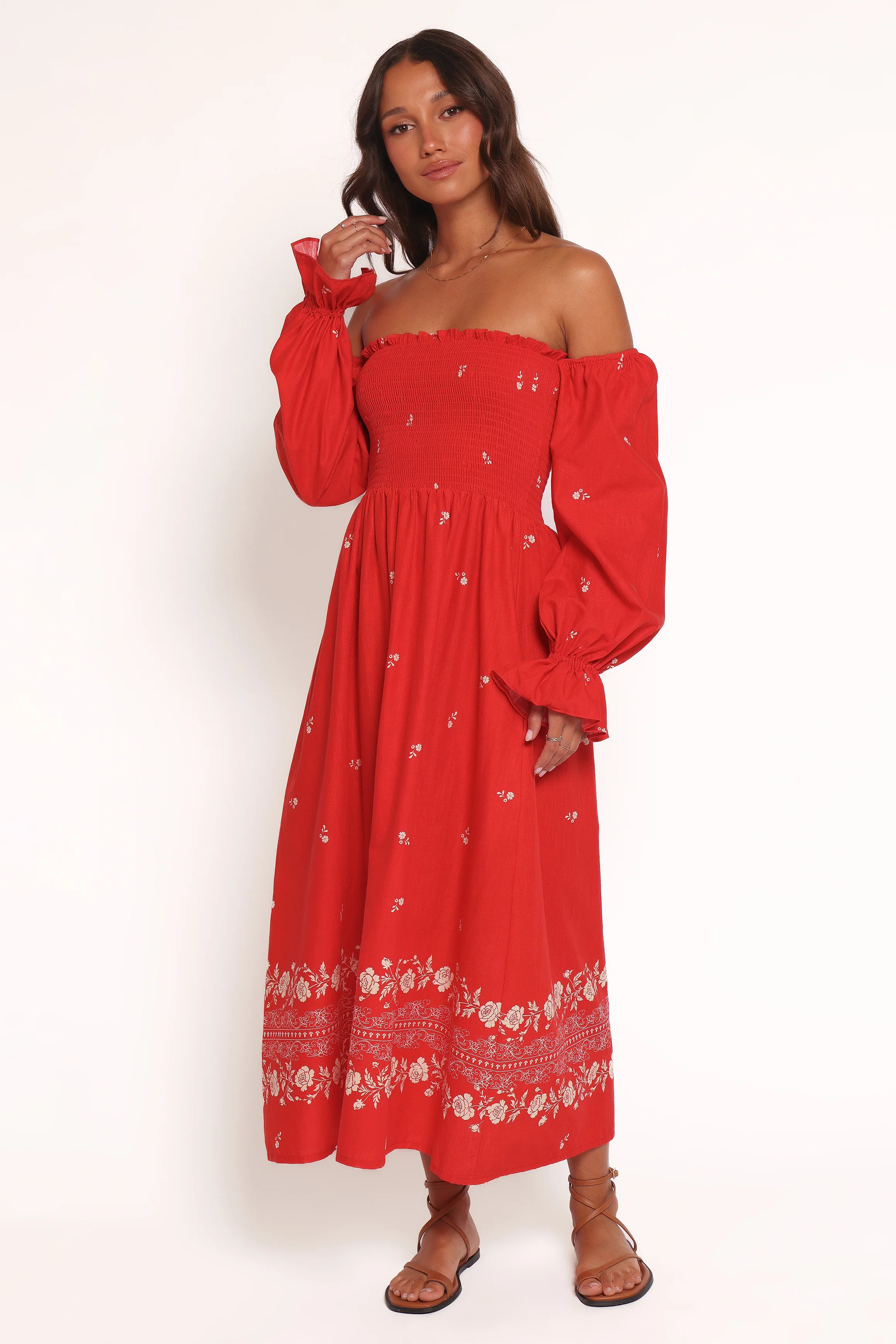 Domenica Shirred Long Sleeve Midi Dress - Red Floral Bandana