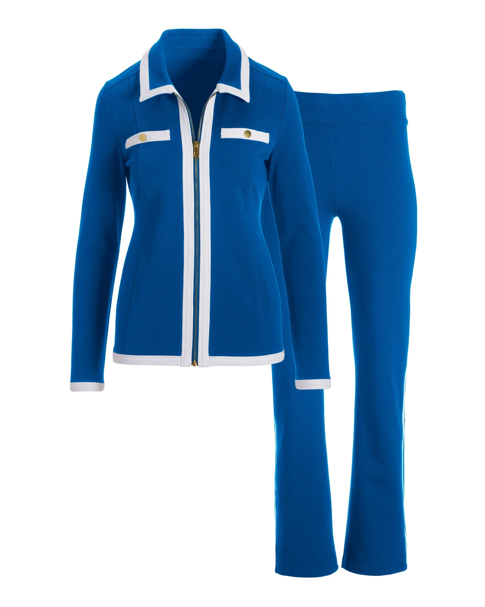 Collared Color Block Zip Sport Set Blue/White